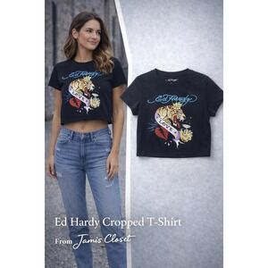 Ed Hardy Cropped T-Shirt Black Tiger Crown Graphic NWT Size Large